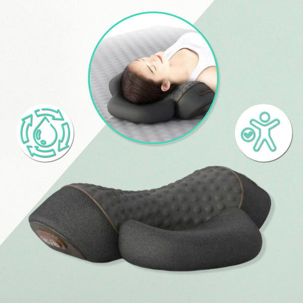 neck massage pillow in use with labels